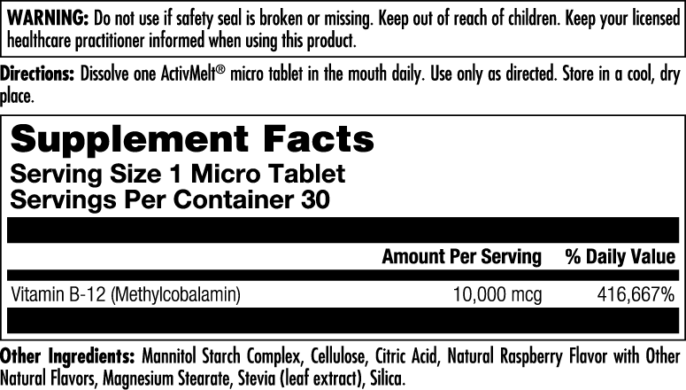 Ultra B-12 Methylcobalamin 10,000 mcg ActivMelt® Instant Dissolve Tablets Raspberry - Image 3